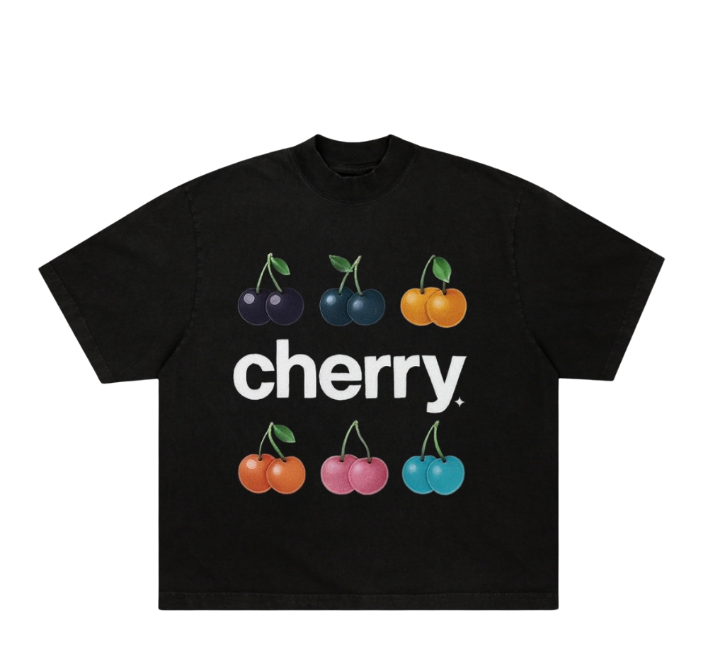 Cherry & Friends Box Fit 260GSM Black T-Shirt - Colorful Cherries